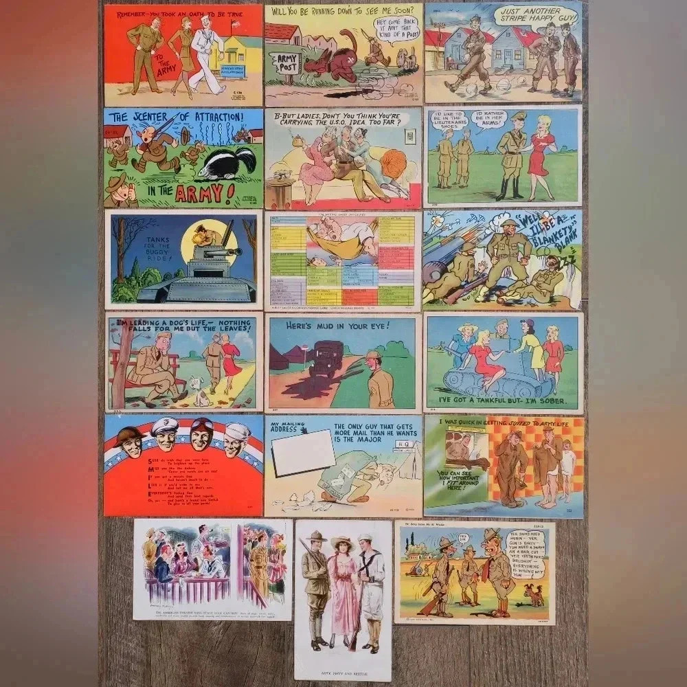 Lot of 18 Vintage Mostly Humorous Military Postcards WWII Army Navy